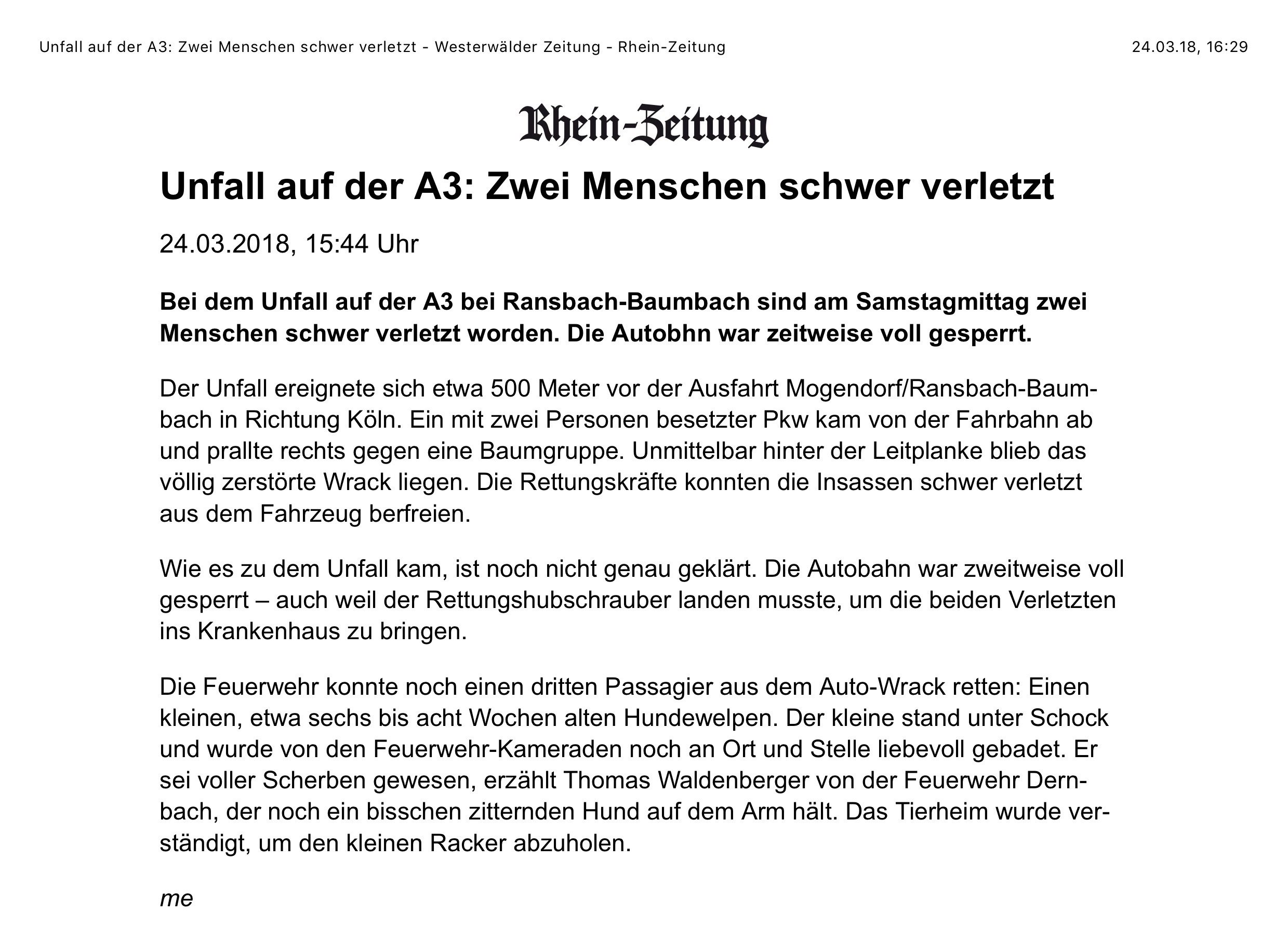 Unfall auf der A3 Zwei Menschen schwer verletzt Westerwälder Zeitung Rhein Zeitung